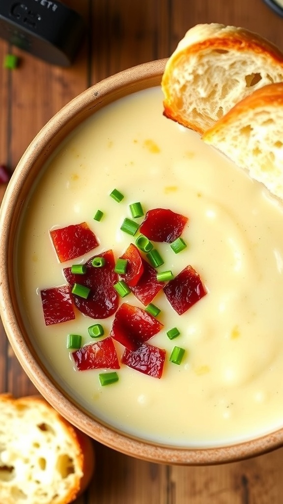 A bowl of creamy cauliflower potato soup garnished with chives and bacon, with bread on a wooden table.